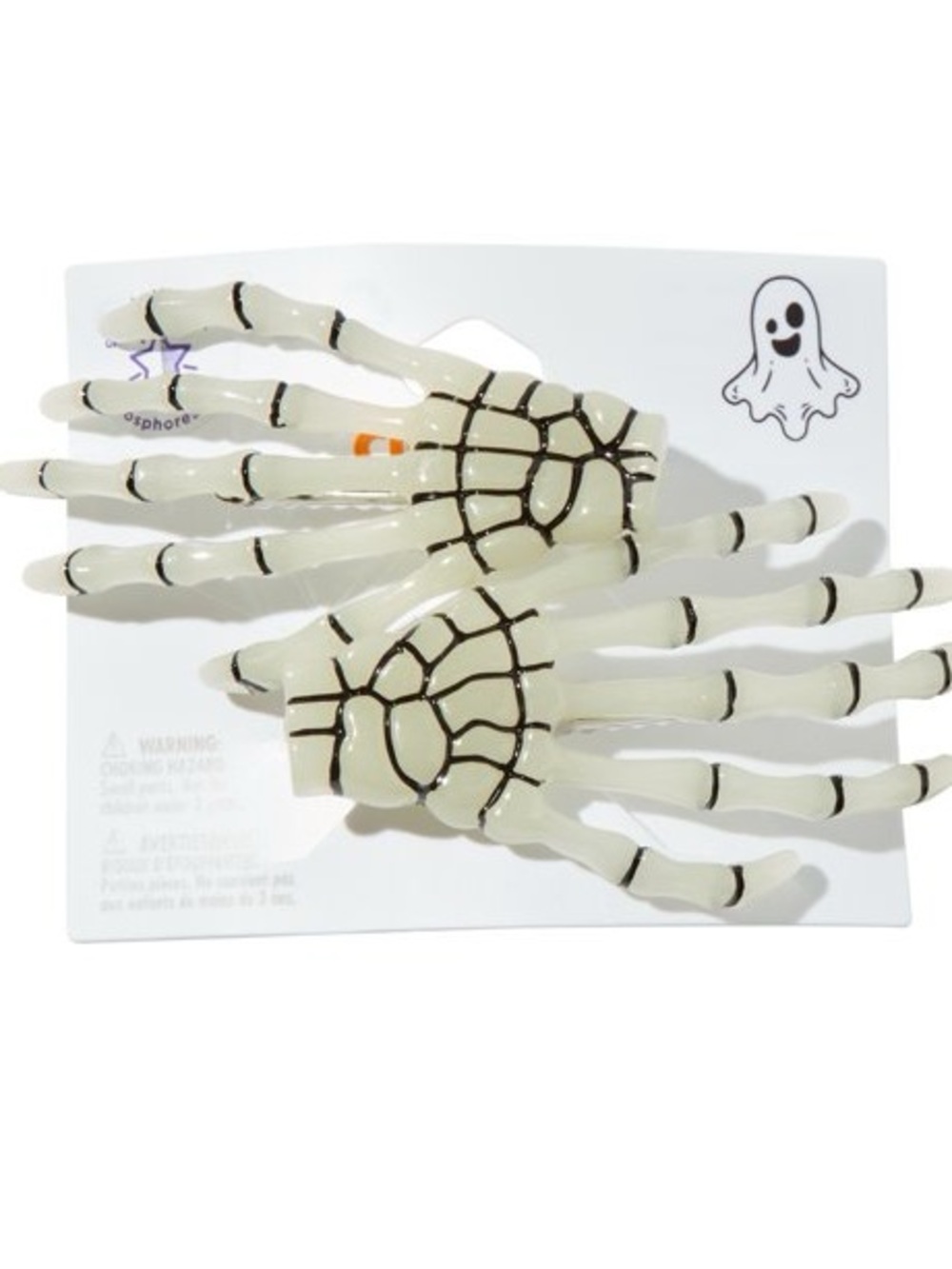 NWT Icing Glow-In-The-Dark Skeleton Hand Hair Clips - White